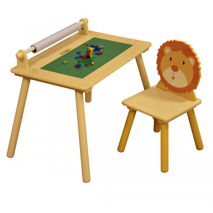 Masuta 4 in 1 activitati Lion Jungle de scris cu rola de hartie si placa LEGO si scaunel cu spatar din lemn si spatiu de stocare Liberty House 